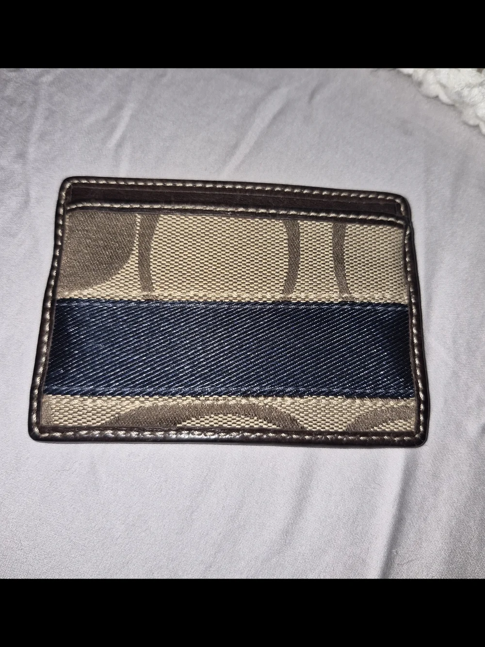 Coach Brown Signature Canvas Card Holder with Navy Stripe